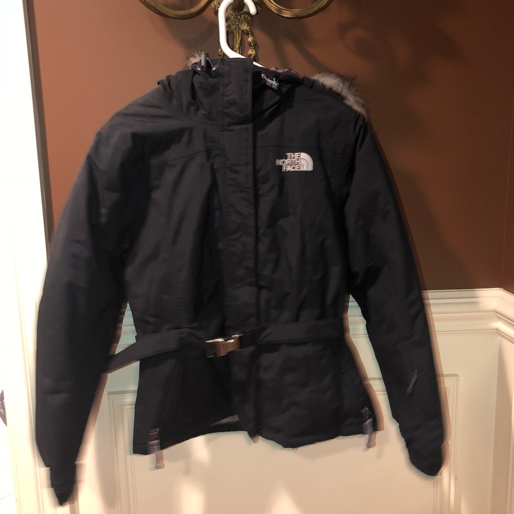 Black belted North Face belted down jacket